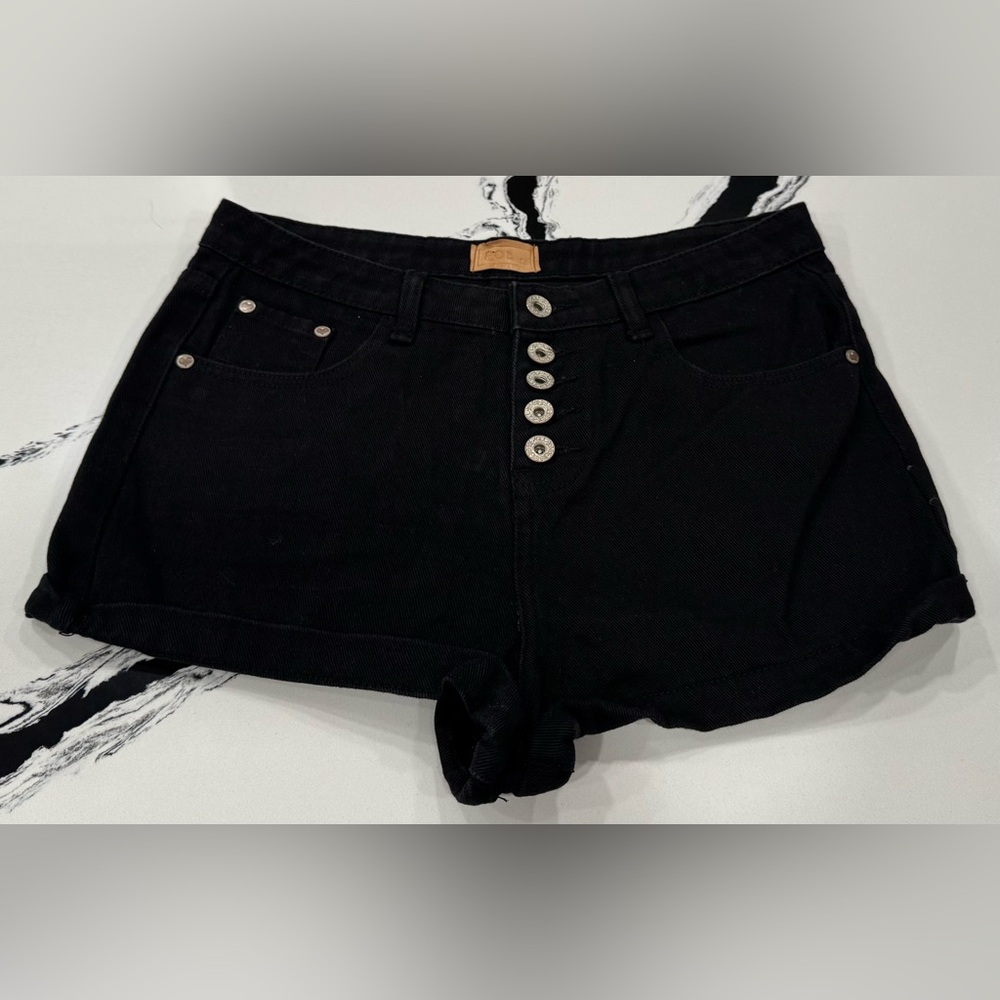 POL Black High Rise Button Fly Denim Shorts, Sz S, NWOT Style TWP46